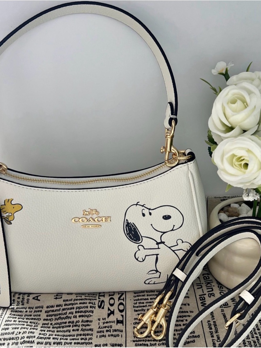 Coach White Leather Snoopy Shoulder Bag with Black Trim